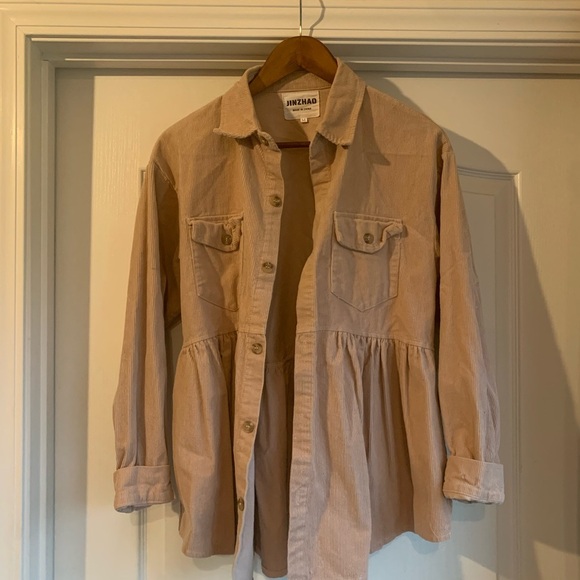 Peplum Beige Corduroy Button-Up Shirt - Picture 2 of 9